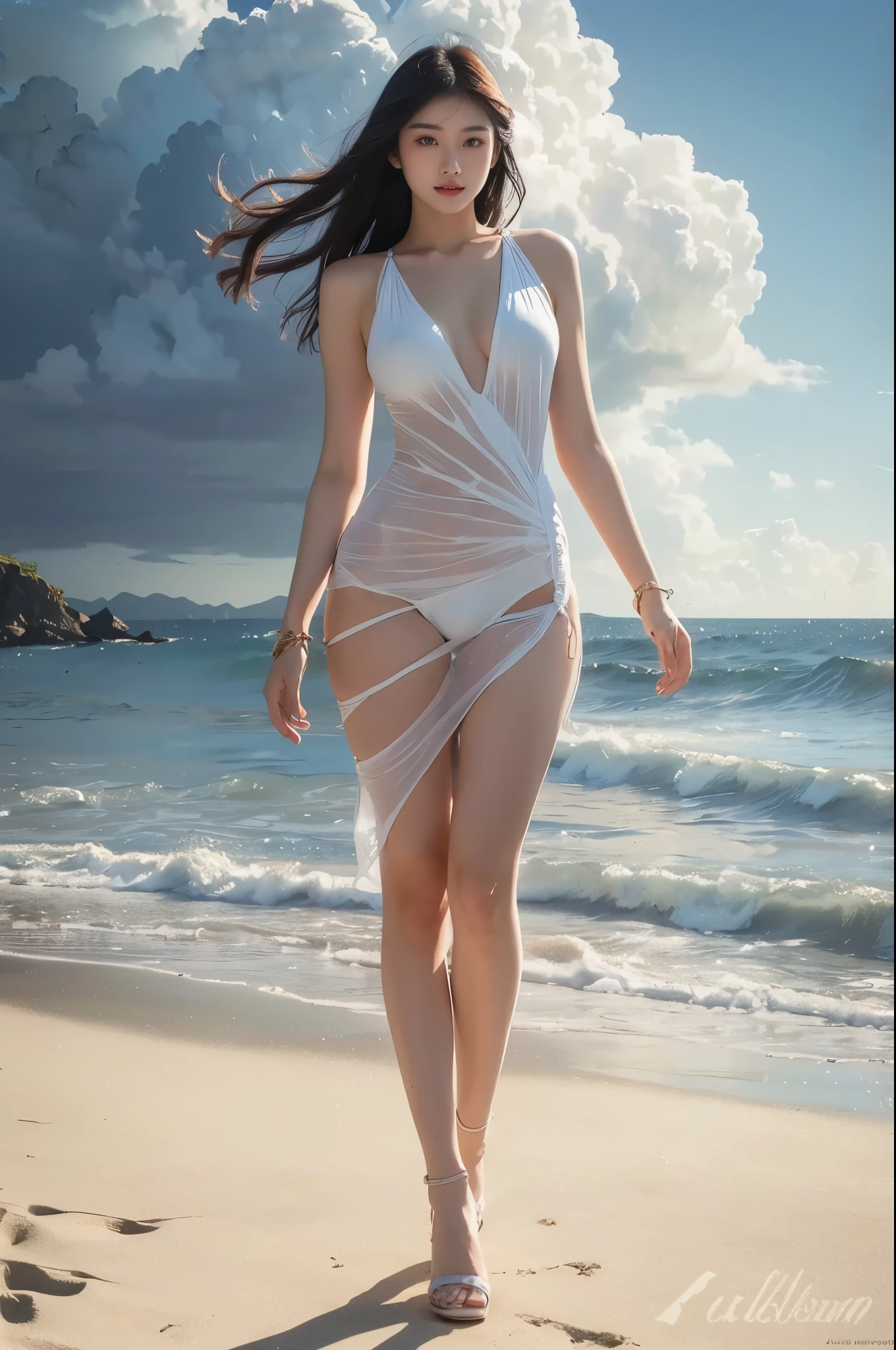 Greek mythology, goddess Aphrodite, young woman, long dark hair, beautiful hands, dressed in transparent white cloak, comes out of the sea, big waves, water drops roll down her body. Dramatic sky. High detail, professional lighting.