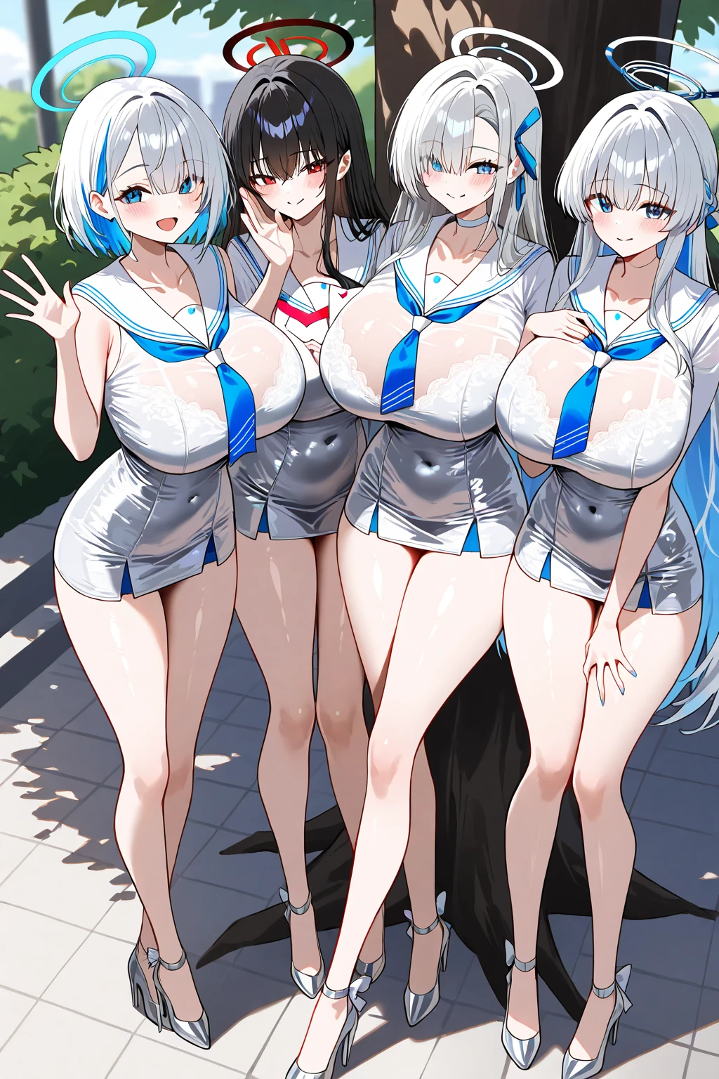 multiple girls, 3girls, standing, giantess art, highly detailed giantess shot, giantess, most detailed, perfect face, two legs, five fingers, short hair, beautiful girl bigger than a skyscraper, wearing rimless glasses, smiling, huge breasts, swimsuit, stiletto heels, under heavy attack, seaside metropolis, ocean, numerous miniature warships on the sea, very small metropolis, miniature metropolis, full body depiction, GTS, giga giant, trampling city, crush city, tiny city, micro city, high resolution, best quality, masterpiece,