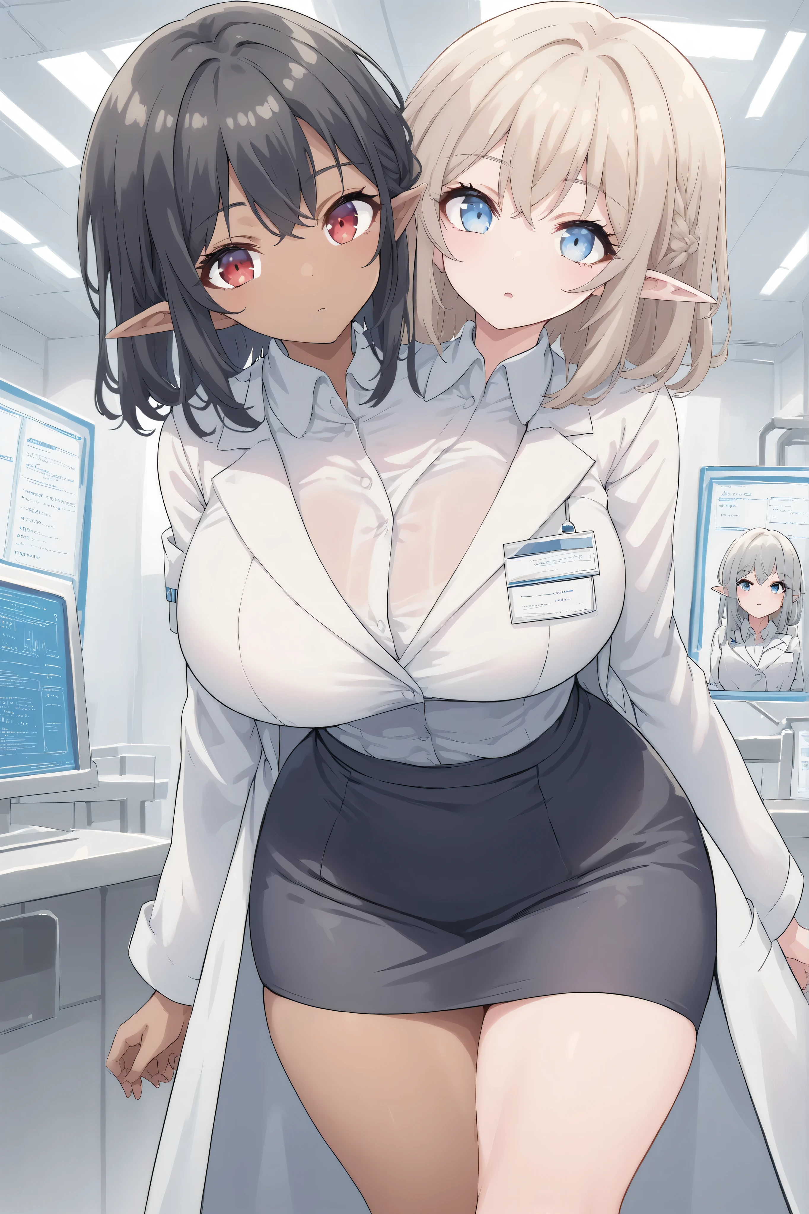 2heads, twoheads, a tall thin girl with 2 heads, white hair, black hair, blue eyes, red eyes, elf ears, half dark skin and light beige skin, two tone skin, light beige skin, dark skin, white shirt, lab coat, black pencil skirt, black skirt, large breasts, laboratory,
