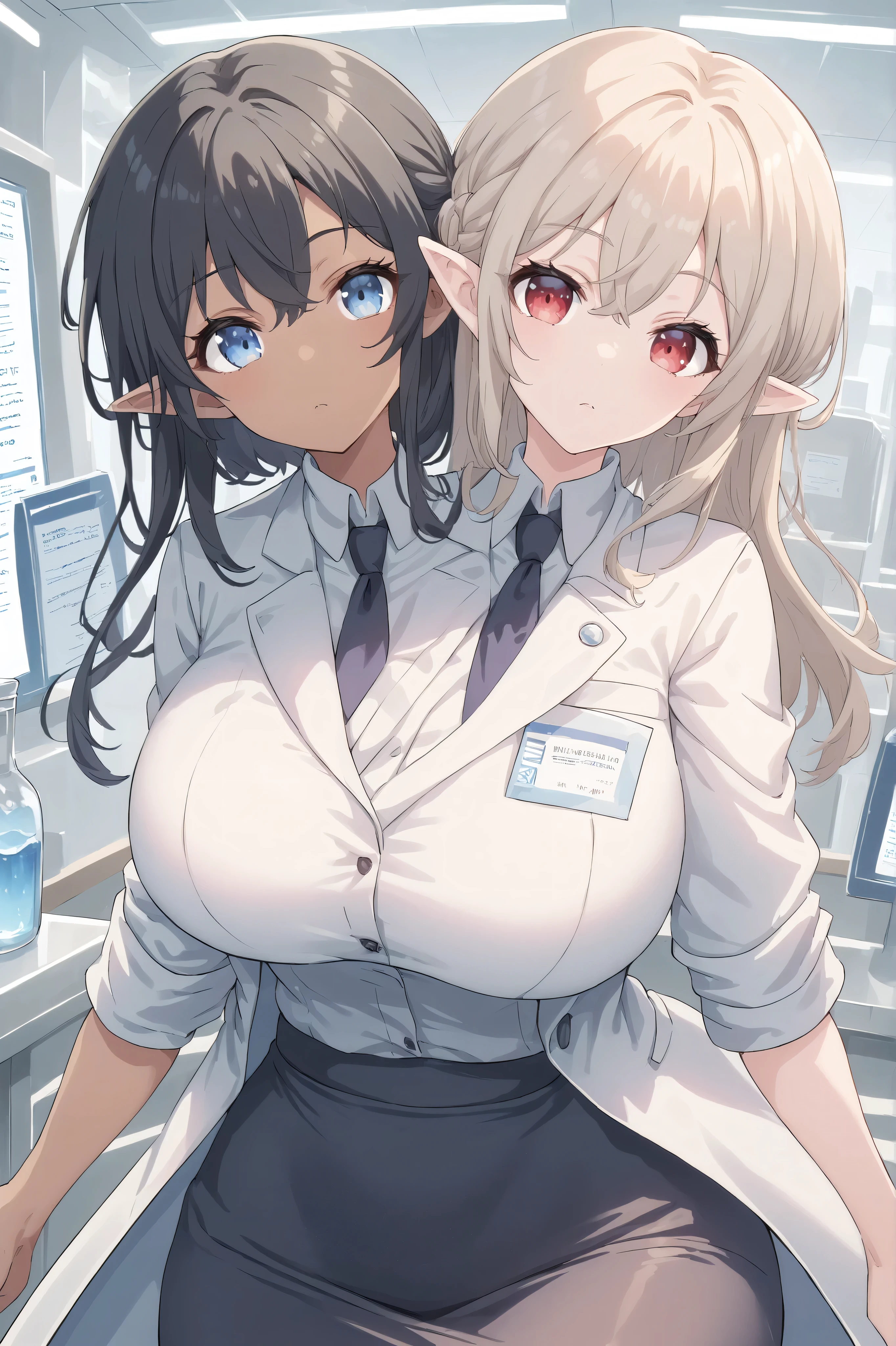 2heads, twoheads, a tall thin girl with 2 heads, white hair, black hair, blue eyes, red eyes, elf ears, half dark skin and light beige skin, two tone skin, light beige skin, dark skin, white shirt, lab coat, black pencil skirt, black skirt, large breasts, laboratory,