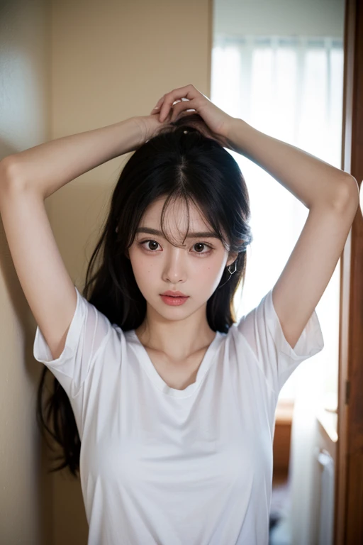 Highest quality、masterpiece、Ultra-high resolution、(Realism:1.4)、1 girl、In a pale background、Deep Shadow、Low Key、Shortcuts、Upper Body、sex appeal、Wearing a shirt