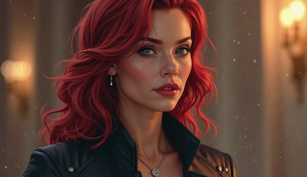 beautiful woman, red hair, black shirt, golden ratio, young, wet shirt, open shirt, eyeshadow, kneeling, woman, smiling, red lips, nostalgia, hand gesture, sexy, professional, office background, majestic oil painting by Mikhail Vrubel, Atey Ghailan, by Jeremy Mann, Greg Manchess, WLOP, Charlie Bowater, trending on ArtStation, trending on CGSociety, Intricate, High Detail, Sharp focus, dramatic, photorealistic, black background, epic volumetric lighting, fine details, illustration, (masterpiece, best quality, highres)