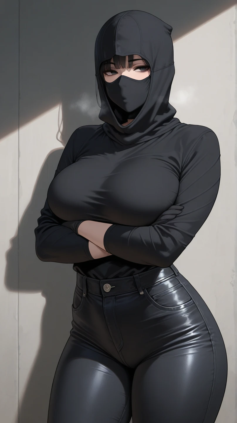 1girl, Hijab, mask veil, high quality, adult, religious, Long black dress, (transparent black dress), dress showing body, visible body, sitting, clothing lining, Hijab, covering face, Islamic clothing, (proportional huge breasts), best quality, ((simple gray background)),