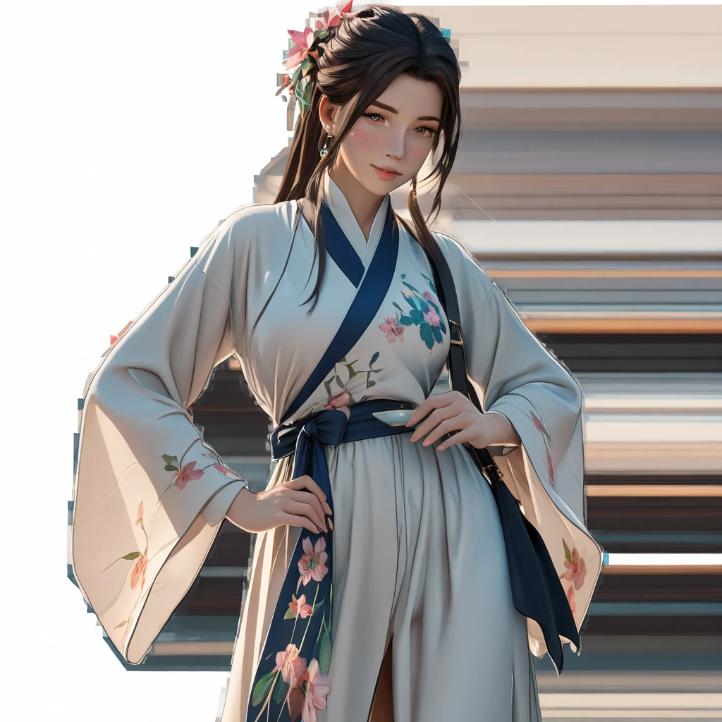 A girl, ancient Chinese costume, sunshine, clear face, clean white background, masterpiece, super detail, epic composition, ultra HD, high quality, extremely detailed, official art, uniform 8k wallpaper, super detail, 32k -- v 6