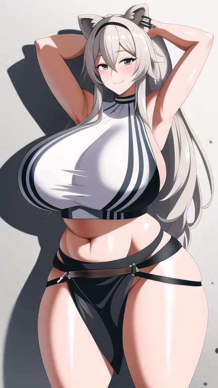 a childlike girl. With a body physique of huge and wide hips, big thighs, round ass, long white hair, medium breasts.