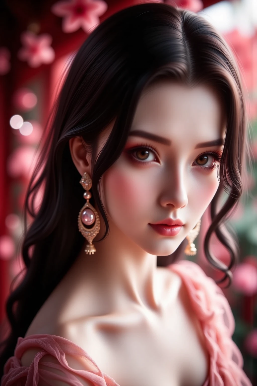 Aria kpop model singer.Wearing Red Colour Red Frock Diamond Earrings And Necklace Long Hair pink lips.eyeshadow.eyeliner Shes Looking preety .Parfect Body. 4k Ultra Hd Masterpiece image..Fully Realistic Image..