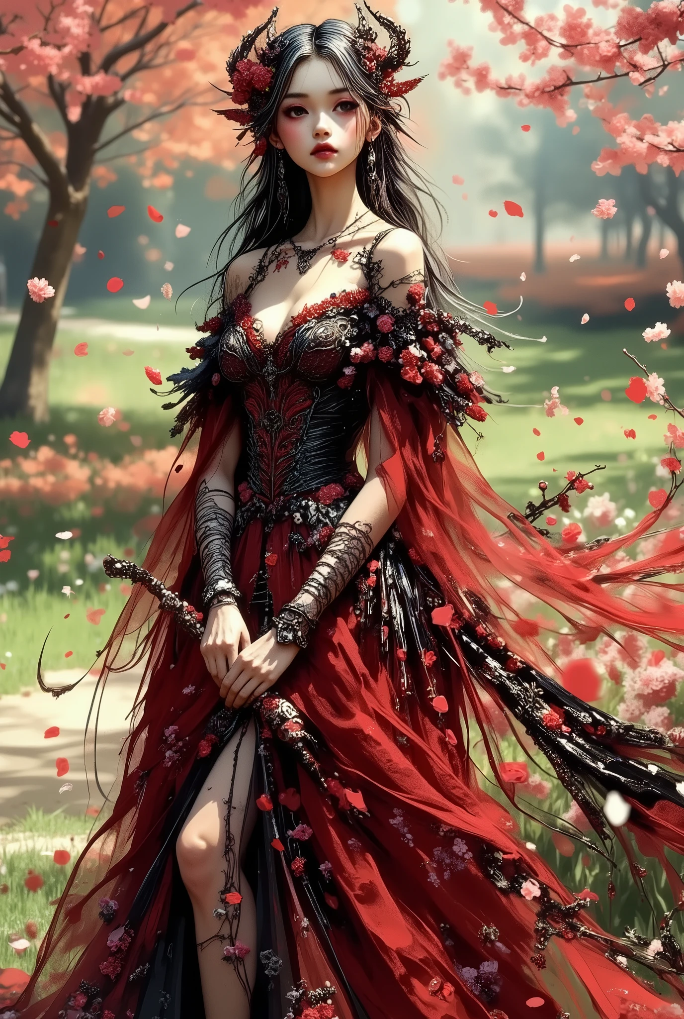 generate images of devil bride, dark fantasy theme,, in garden, Cherry blossom petals in the air,(art by Carne Griffiths:1.2),(fantastic atmosphere), wind effect,(full body image:1.5), highly intricate gothic style long wedding dress with veil, elegant, and visually striking, accessories,trees of cherry blossom background, resembling digital paintings, Concept art must be highly detailed and flaunt beauty, Artwork will be created by highly skilled artists known for their attractive, high-quality models. Character designs will be created by Pascal Bran Schrutkowski, known for his hyper-realism. Images must be of the highest quality with cinematic lighting and 16K resolution. Great attention to symmetry will be used to make the characters mysterious and alluring. Artwork must be a masterpiece that displays total perfection and amazing attention to detail, including macro details, voluminous light, realistic reflections on surfaces, and ultra-detailed textures. Utilize cinematic effects to enhance the overall visual impact. For best quality, images should be UHD and in sharp focus,,score_9, score_8_up, score_7_up, score_6_up, score_5_up, score_4_up,