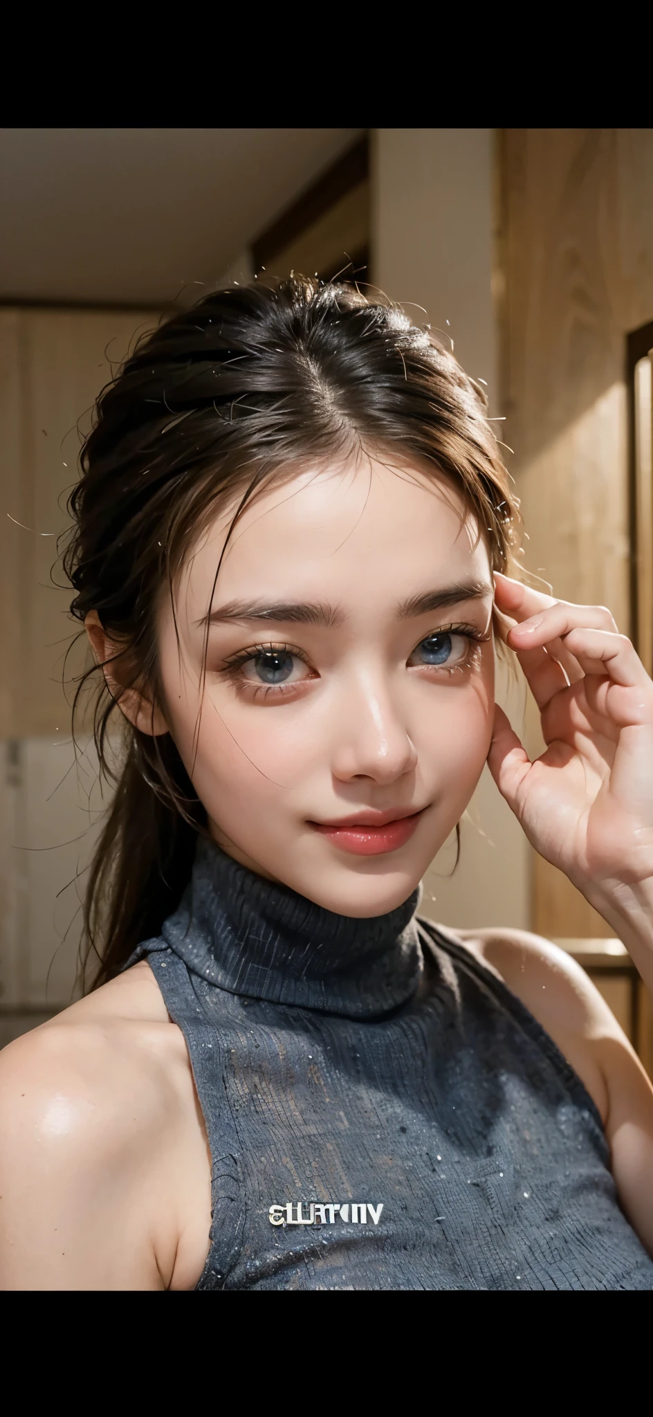 Highest quality, masterpiece, Ultra-high resolution,8k,((Toothy smiling portrait:1.4)), (Realistic:1.6), ((blue eyes)),((A radiant smile)), RAW Photos,((Realisticな美肌)),((Soft looking breasts)),((Full body photo)),1 person,2 adult women,(Full of smiles, )) ,((Ponytail and hair tie)),((Ribbon in hair)),((Looking up at the audience)),Face Focus:1.4,((Photographed from above with a fisheye lens:1.15)),