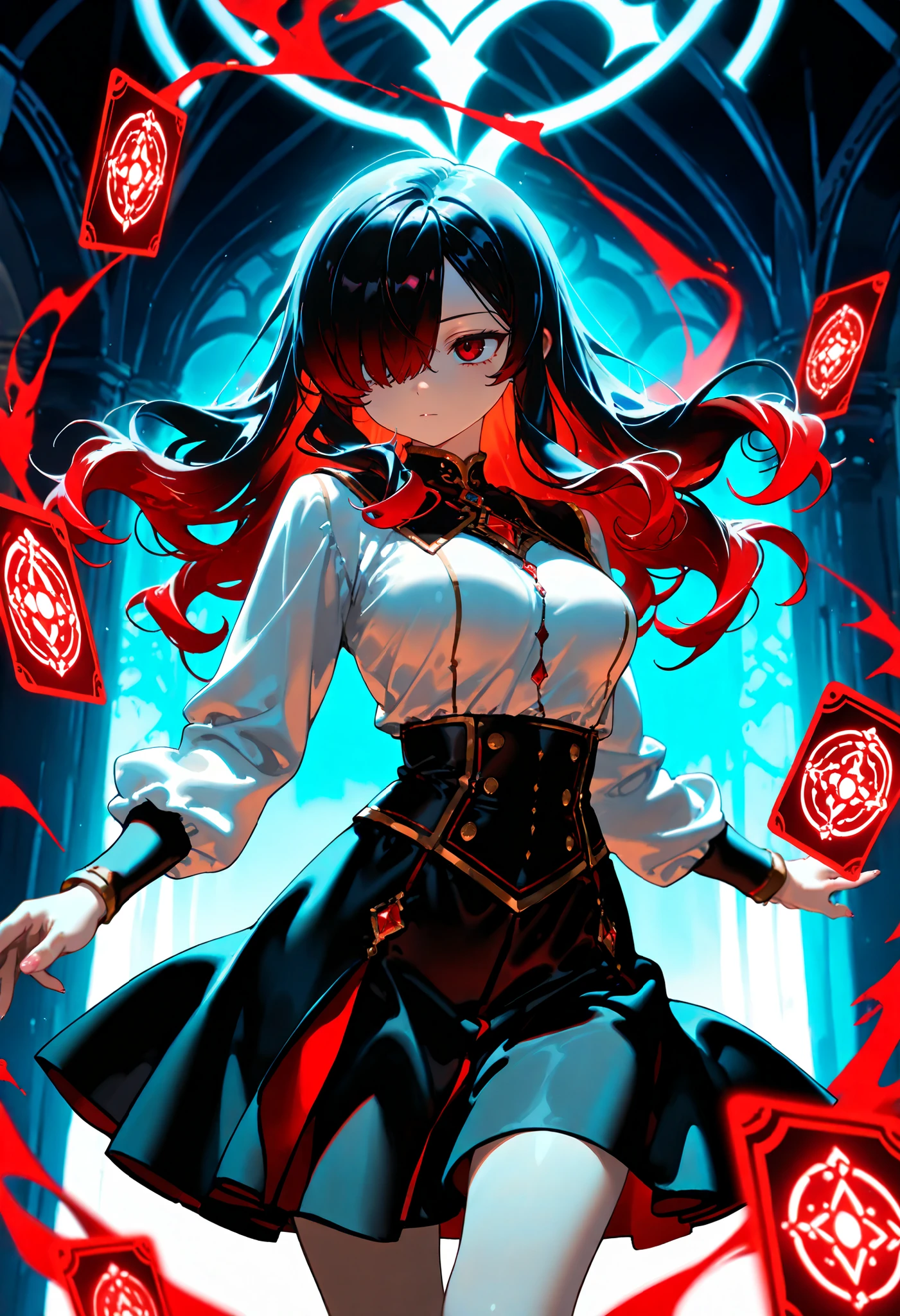 1girl, Kuroki Monika, red eyes, gradient hair, black hair, red hair, long hair, asymmetrical hairline, hair over right eye, medium breasts, black skirt, white shirt,black wizard sacarf,magic card,blue magic effect,fancy golden palace
cinematic angle, detailed shadows, detailed body, (masterpiece, best quality), amazing quality, very aesthetic, absurdres, highres, newest, HDR, 8K, cinematic lighting, vibrant colors, (ciloranko:0.5), (rei \(sanbonzakura\):0.7),