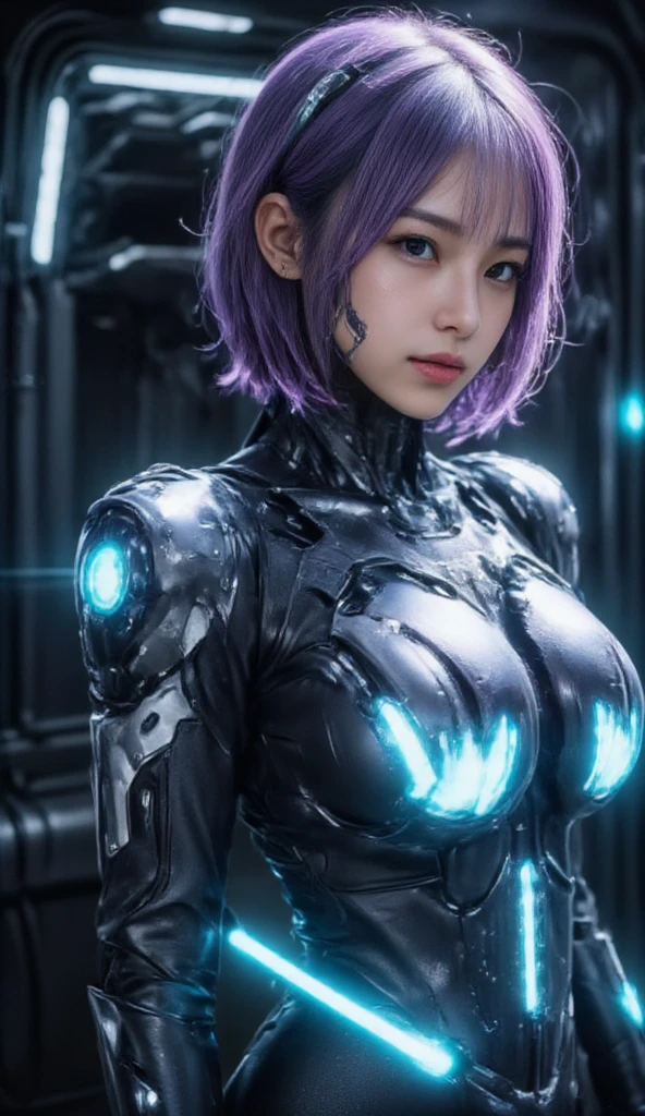 cowboy shot,rei ayanami,adult version,20 years old,evangelion body suit,dark,purple hair,beautiful detailed eyes,beautiful detailed lips,extremely detailed eyes and face,long eyelashes,serious expression,futuristic city backdrop,neon lights,blue and purple color palette,studio lighting,vivid colors,ultra-detailed,realistic,photorealistic,photo-realistic,Raw,16K,ultra high res,cinematic shot,twilight lighting,volumetric lighting,dramatic lighting,(photorealistic,realism,depth_of_field:1.5),