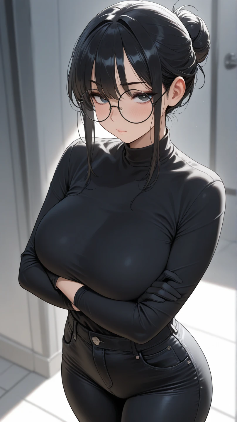 solo, masterpiece, best quality, agrias, grey sweater, black leotard, standing, looking at viewer, short hair,oculos,evil smile, evil look, juri han,luvas preta,roupa azul,yandere rosto,low lighting,coxa sarada copo detalhado,olhando para frente
