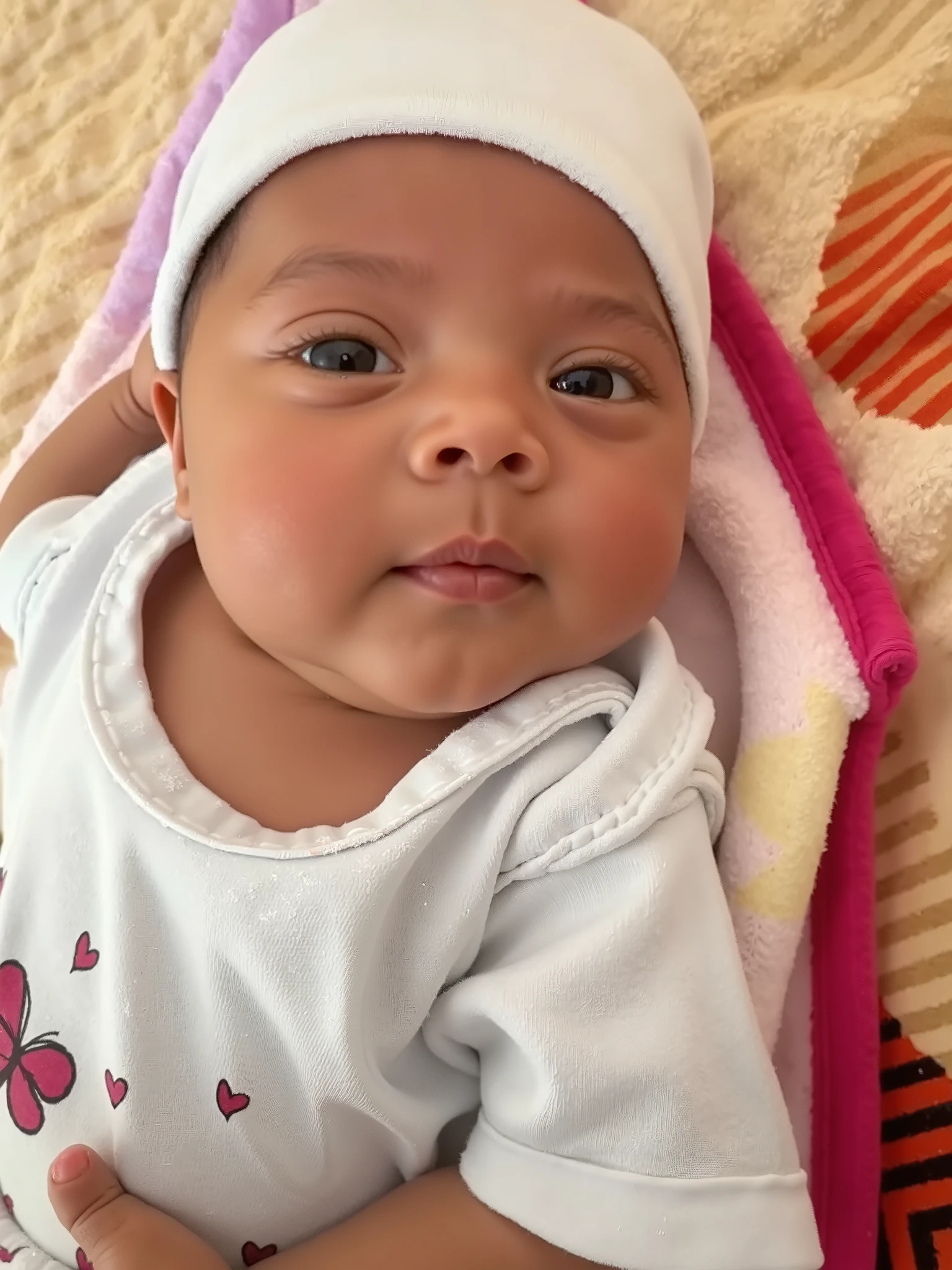 there is a baby girl sitting in a green basket with a headband, cute beautiful, innocent face, babies in her lap, beautiful cute, innocent look, marvelous expression, she has a cute expressive face, very very low quality picture, she has a cute face, looking cute, cute face, cute photo, with cute doting eyes, sweet and innocent, intense expression