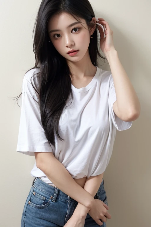 Long black hair、Large Breasts、Wearing a white short-sleeved T-shirt、Perfect Face、Brushing her hair back
