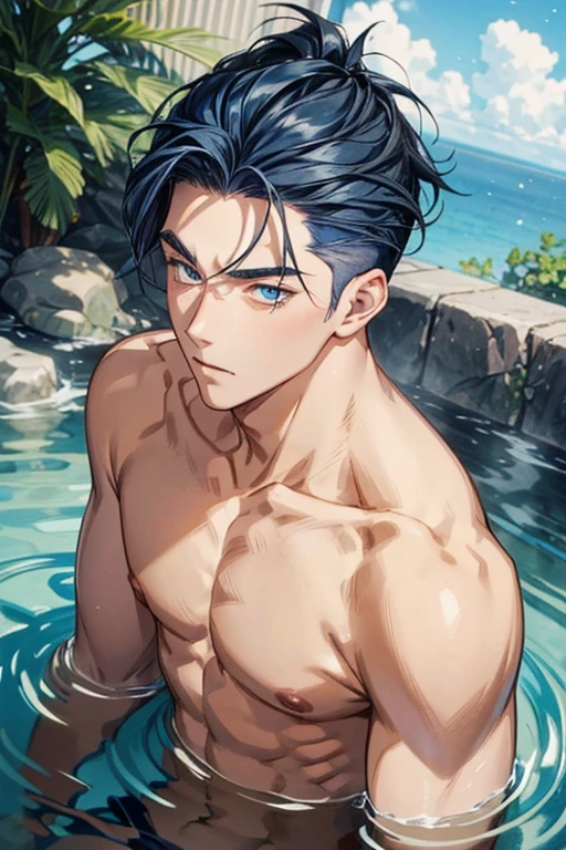 dark tanned skin,Handsome boy, Cat ears and tail, Shining eyes, (((Messy green short hair))), Very detailed portrait. The focus should be on his extremely detailed face,,muscular,Abdominal muscles,Chest muscles,Topless,surf