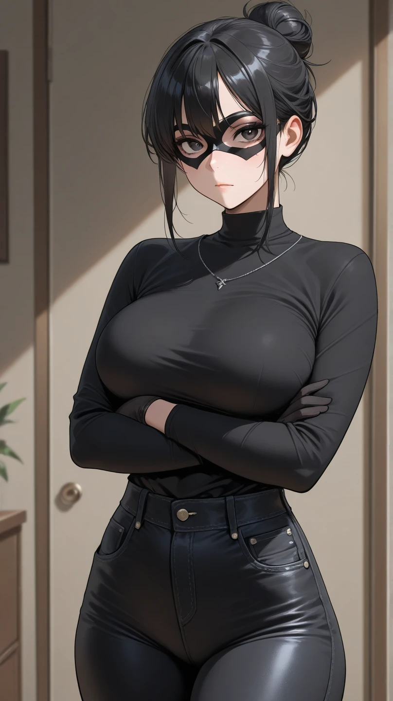 (masterpiece, best quality, ultra detailed), delicate pattern, detailed background, 1girl, solo, kumashiro maya, white headband, black hair, blue eyes, smile, cat ears, leaning forward, sloppy room, cowboy shot, claw pose, turtleneck knit, jeans pants,