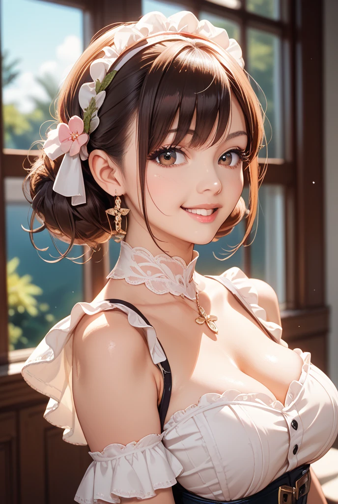 One beautiful woman, blush, alone, beret, lulu suzuhara, blue eyes, Brown Hair, hair ornaments, Hair on one eye, Stylish hairstyle,Hair Ribbon, bag, View your viewers, Outdoor, Grin, (Dark Skin:1.2), (Dark skinned women:1.2), pink micro dress, Bodycon, O-ring, mini skirt, Waist cutout, bangs, Day, clavicle, Ear Clip, Exposing shoulders, Elbow hand pockets, Cleavage, Pink latex,Glamorous Body,Backlight,Shiny Hair,Shiny Skin,Dripping Sweat,((realism)), extremely high quality RAW photograph, Detailed Background, Complex,Exquisite detail and texture, Very detailed, Looking away from the camera, Super detailed photos, Warm lighting, Art Station, 4K, Sharp focus, High resolution, Detailed skin, Detailed eyes, 8K Ultra HD, Digital SLR, Low strong lighting, high quality, Film Grain, masterpiece, Best ,Backlight,Shiny Hair,Shiny Skin,Stylish accessories,Stylish clothes,Realistic Flesh,Dynamic Angle,Ultra low angle,Curly hair,Princess cut,