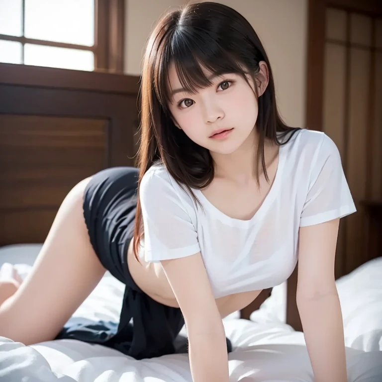 portrait of a japanese teen,(Best Quality,4K,8K,hight resolution,masutepiece:1.2),Ultra-detailed,(Realistic,Photorealistic,Photorealsitic:1.37),cute-style,Dribbling High Detail 8K,Studio Lighting - V 6, White T-shirt with transparent black underwear,Random Faces, Random curly hair, bangss, bare-legged