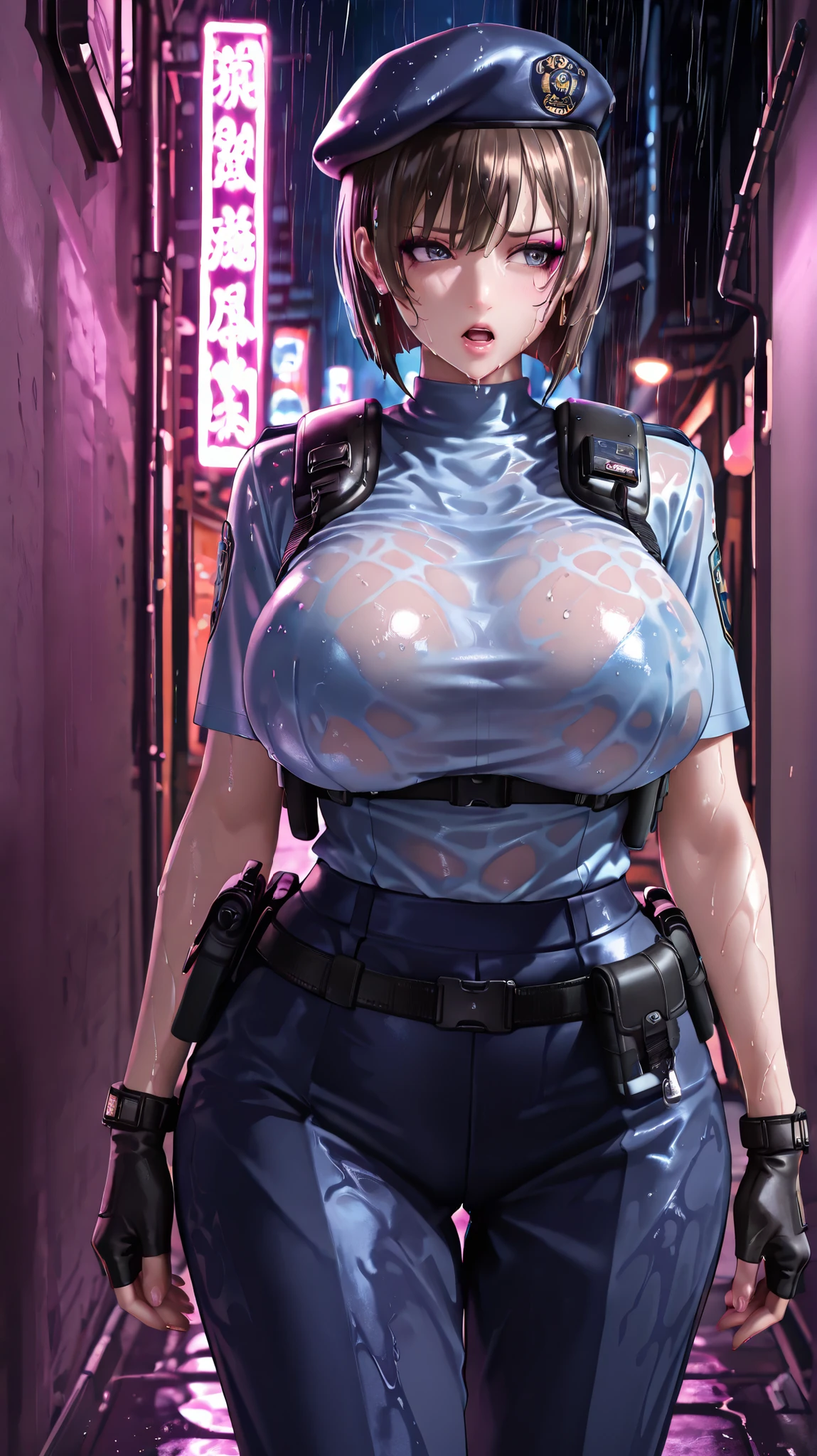 score _9, score _8_up, score _7_up, score _6_up, score _5_up, score _4_up, source_ cartoon, Tags 1 , Tag 2, Best quality, High Quality, Detailed, High Resolution, score _9, score _8, score _7, source_ cartoon, Rating _[Safety, 1girl, alone, Tight Collection, Big , Big , Crazy Fluffy Chest, 沙漏身體 , Pelvic Width, serious,【【【8k, 超High Resolution, Soft Saturation , Professional quality, perfect contrast, perfect light, anatomically accurate, 1 Woman Woman, alone, alone girl, huge breasts, wide hips, 超big ass, sexy woman , mature women, milf, love, shy, Tense, masterpiece, 優雅mature women, JillSTARS, brown hair, bob cut, short hair,beret, shoulder holster, police uniform, fingerless gloves, tall mature body, big eyes, big eyes睫毛, Big saggy Big , Sexy pose, Sexy Body, [big ass, wide hips, makeup on, open mouth , ((Sexy attractive appearance)), ( standing by the wall ), night, Alley, heavy rain, wet, wet clothes, wet hair, ((Cowboy Shooter :1.3)), Seductive Slut , (Sexy prostitute), Observe the audience