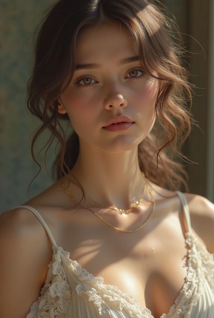 lovely princess woman, 18yo, charming, unique, individual, distinctive face, sexy, mysterious, touching, innocent, peaceful, soothing, cleavage, radiant, elegant, noble, gold, jewels, youth, irreplaceable