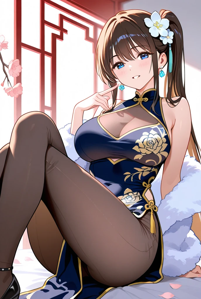 1girl, solo, long hair, brown hair, curly hair, hazel eyes, chinese dress, blue dress, elbow length white gloves, opera gloves, sleeveless, sexy, black high heels, looking at viewer, indoors, mansion