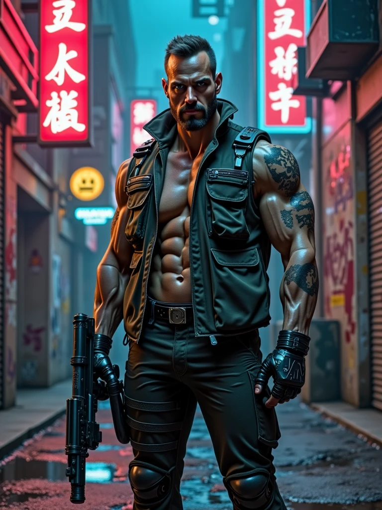 A man has tattoos on his chest and arms., Surreal, The skin is very fine., 4K, Inkpunk style, wonderful light, cyberpunk style,, Katana illustration, concept art, full body shot, cinema, Promotional Art, incredible light, One hand holds a katana.,fight,dodge,avoid,realistic,ภาพrealistic:1.37),bright colors,clear focus,Blurry,(Fantasy:1.2),(dynamic poses:1.37),(intense stare),(Special powers),(Legendary power),black and red,Wounds on the body