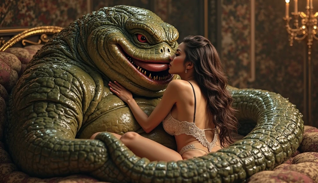 Beautiful, curvy woman with big breasts being hugged by amphibian monster from the movie "The shape of water", big breasts squeezed by monster body, woman with Ningning face by Aespa.