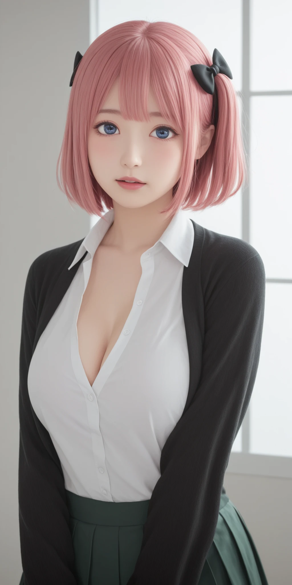 (RAW photo, best quality), (realistic, photo-realistic:1.3), masterpiece, an extremely delicate and beautiful, extremely detailed, CG, unity , 2k wallpaper, Amazing, finely detail, light smile, extremely detailed CG unity 8k wallpaper, huge filesize, ultra-detailed, highres, absurdres, soft light, (((medium hair:1.3), short bang, pink hair, floating hair novafrogstyle)), beautiful detailed girl, detailed fingers, extremely detailed eyes and face, beautiful detailed nose, beautiful detailed eyes, long eyelashes, light on face, looking at viewer, (closed mouth:1.2), 1girl, cute, young, mature face, (full body:1.3), ((hugebreasts)), realistic face, realistic body, beautiful detailed thigh, (ulzzang-6500-v1.1:0.8), Her open shirt reveals all her boobs ,cross-laced clothes, collared shirt, open clothes, in office, detailed office, open at the front, exposing her , black thighhighs, miniskirt, black underwear, unbuttoned shirt,Her breasts are fully visible under her shirt that's pulled up to her neck,The nipple and areola are completely visible