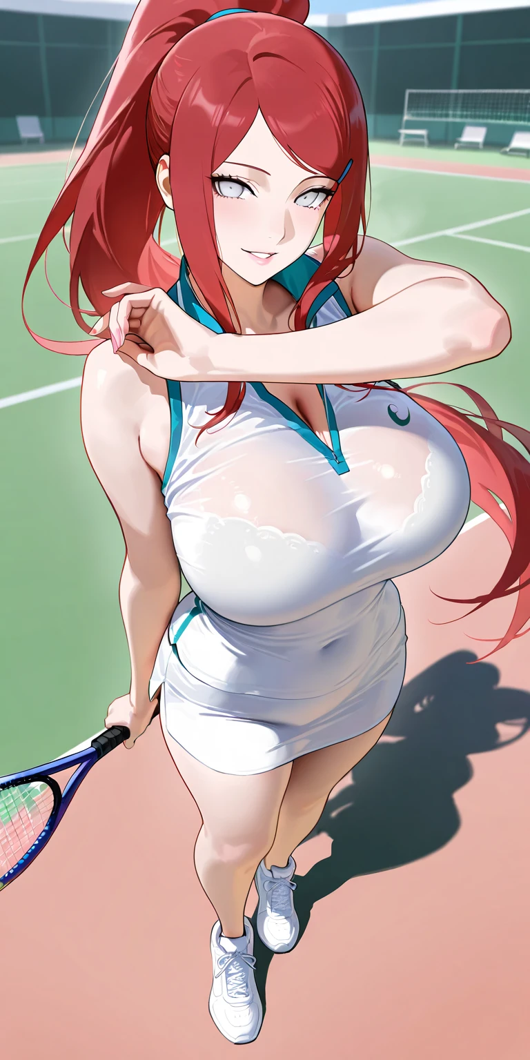 masterpiece:1.2, best quality), realistic, (real picture, intricate details, depth of field), (1girl, solo), make up, parted lips, highly-detailed, perfect face,
(huge breasts:1.4), (skindentation), thick thighs, wide hips, small waist, tall, glossy coral lips,
red hairs, red eyes, ponytail,
(A girl playing tennis, white tennis uniform), (sweating:1.2), (wet), sexy, blushing, (smile),