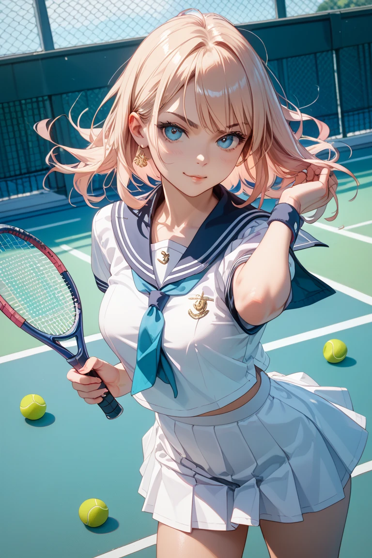  masterpiece, (textured skin), best quality, gorgeous beautiful girl, (a female tennis athlete), detailed clothes,large breasts,narrow waist,, (beautiful face), cinematic lighting, (at tennis venue ),