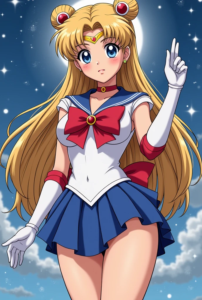 masterpiece, best quality, 1girl, solo, looking at viewer, anime screencap,1990s \(style\), (art by Naoko Takeuchi), <lora:EPsmSailorMoon-06:1>, EPsmSailorMoon, blonde hair, blue eyes, long hair, very long hair, twintails, hair bun, double bun, miniskirt, choker, bow, crescent earrings, starry sky, knee boots, red choker, white gloves, moon, red bow, sky, magical girl, elbow gloves, star (symbol), closed mouth, earrings, full body, back bow, jewelry, boots, star (sky), sailor senshi uniform, crescent, crescent moon, blue sailor collar, smile, gloves, sailor collar, blue skirt, red footwear, skirt, pleated skirt