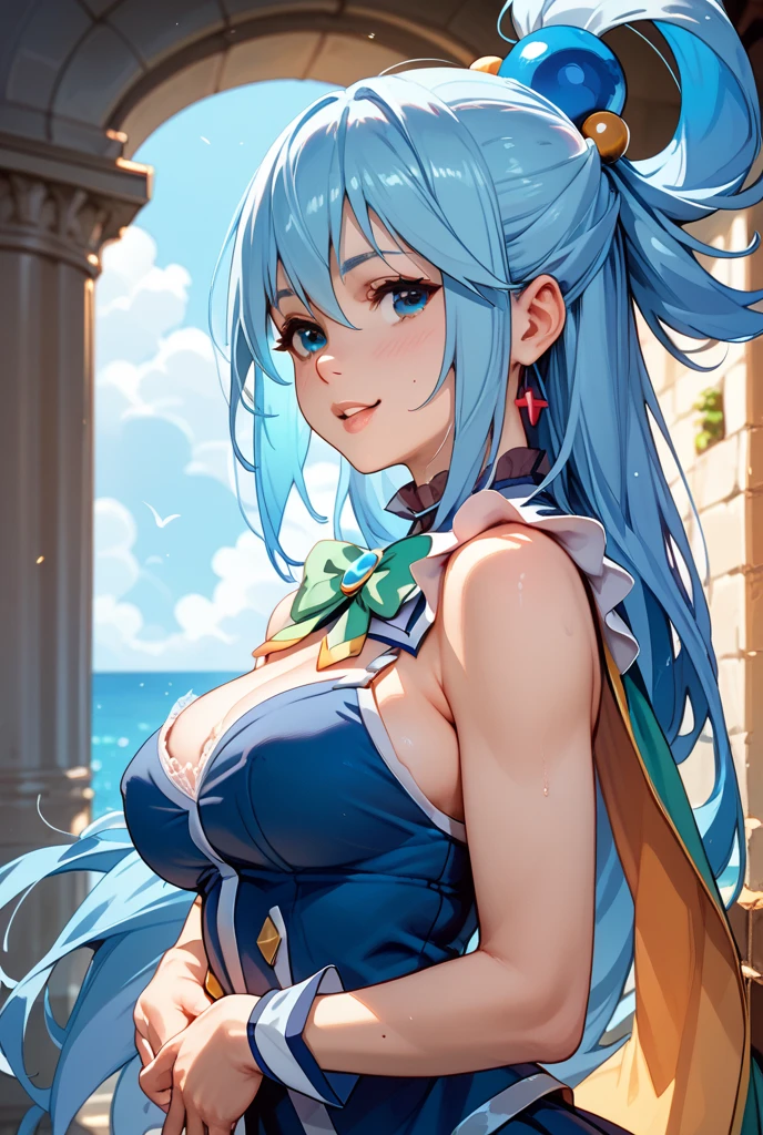 masterpiece, Best quality, anime style, Aqua from the anime Konosuba naked, blue hair