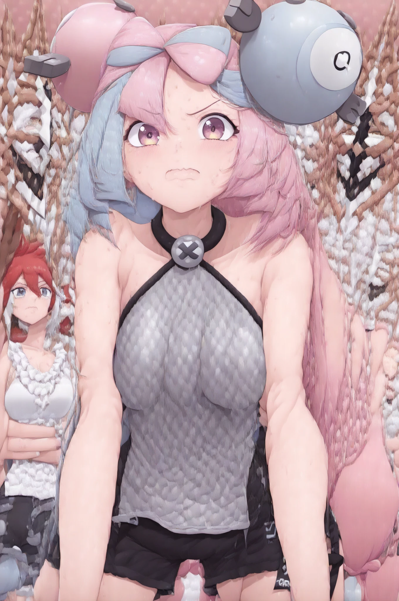 「nakano nino(go-toubun no hanayome), pink hair, long hair, two side up, blunt bangs, hime_cut, blue eyes, hair ribbon, two black ribbons on the side of the head, large breasts,ompletely nude,female masturbation,open vagina,from side ,1 female,{{{{vulgarity}}}}, {{{tsundere}}}, in heat」