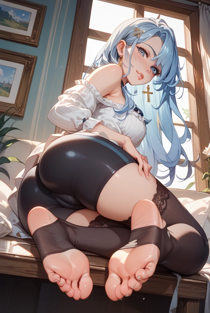 16k,masterpiece,best quality,firefly \(honkai: star rail\), 1girl, solo, white background,looking back, blush,embarrassed ,long_hair, blue_eyes, bangs, night, hairband,, closed_mouth, white_hair, long_sleeves, black_hairband, wing_hair_ornament, hair_ornament, dress, hair_between_eyes,big ass,ass focus,print panties,skirt lift,upskirt,from below,スカートを抑える