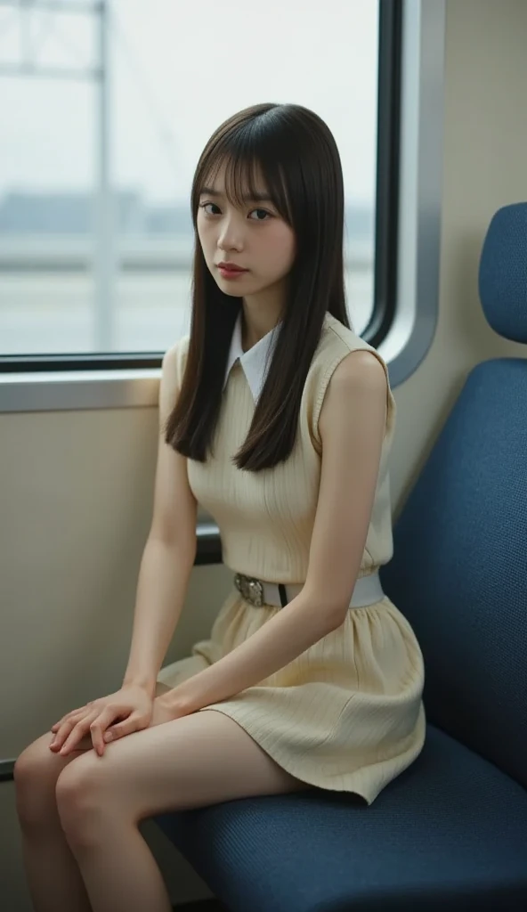 (naked、sweat:1.5),holding on to the railing of the train,armpits, presenting armpit,(looking away:1.4), (train interior:1.3),(small bazooms:1.3),
upper body,