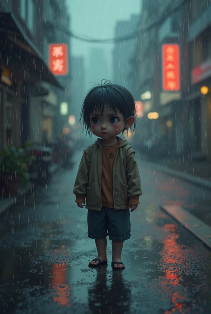 A little boy wearing a hoodie is seen giving a plastic bag to an old grandmother on the side of the road, with the effect of falling rain water soaking him with an urban feel with the lights on. in the form of long distance shots.