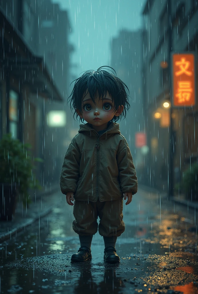 1 boy, jacket, rain, outdoor, Sweatshirt, open jacket, chain, Backpack, Look at the other, Hair split in the middle, Tanned skin, Boy gender, Boy Focus, Trend at Artstation, 8K resolution, Very detailed, Anatomically correct, Clear images, number, Concept Art, A popular trend on pixiv, Shinkai Makoto style,