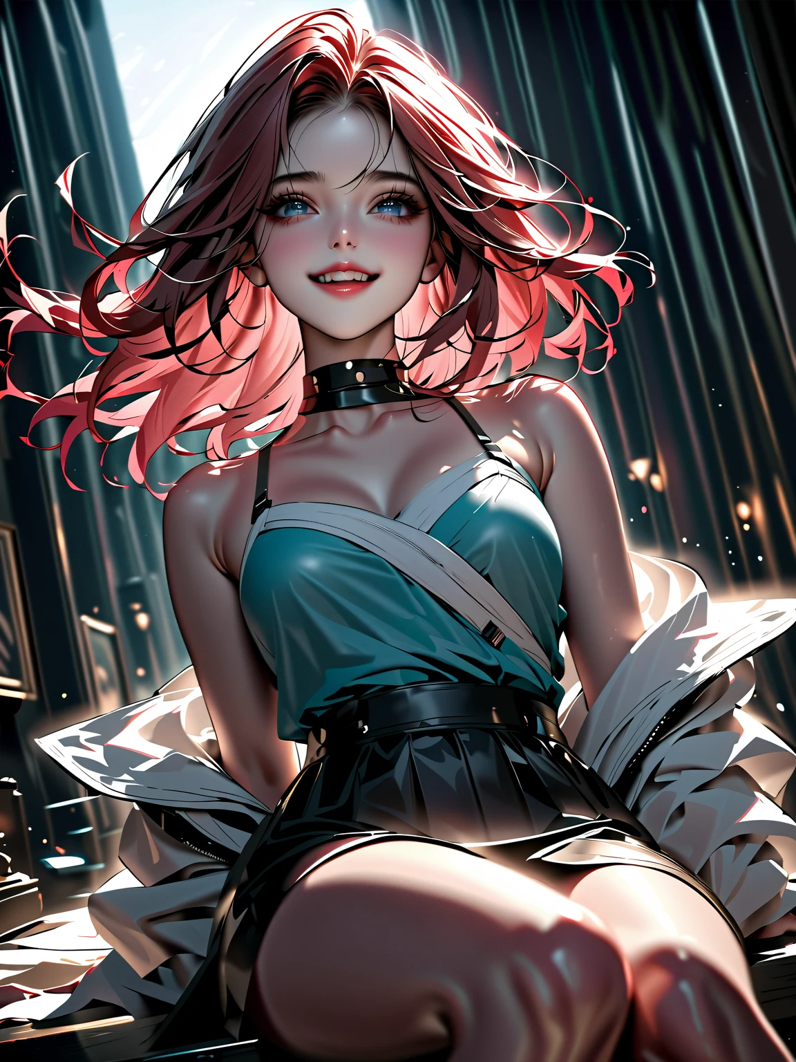 Beautiful woman, red and blue mix colorful hair, purple eyes, natural perfect breast, cleavage, highly detailed, (lightning background),, vintage, dark fantasy,