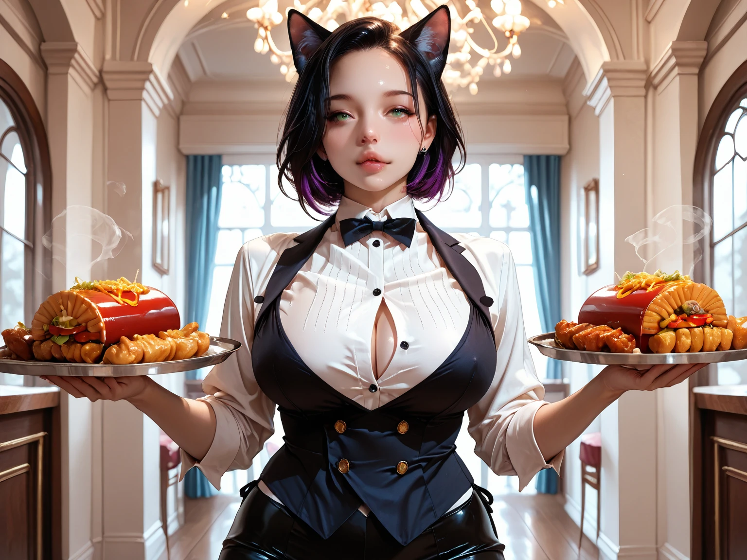 Beautiful nude woman with massive breasts. The breasts are not covered by anything. Red full lips, black hair, hair bobbles, wince, longeyelashes, solid circle eyes, fake animal ears, light smile, ear blush, fang, rainbow hair, curly hair, long hair, hair over shoulder, x-shaped pupils, eyeball, crystal earrings, makeup, open mouth, tongue, Surrealism, drop shadow, anaglyph, stereogram, tachi-e, pov, atmospheric perspective, glowing light, ray tracing, reflection light, 8k, super detail, ccurate, best quality. In background fancy restaurant. Empty restaurant. Woman is seating on chare. Fancy transparent and translucent red dress.