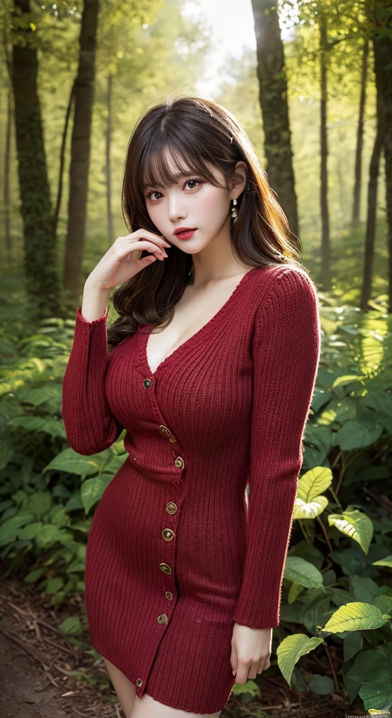 Bigchest, huge tit, Immortal appearance, big assa, Beautuful Women, modern day,the dark forest，Red cosplay, One long hair, modern, high qulity, Best picture quality, A high resolution, Textured skin, High details, Masterpiece,4K
