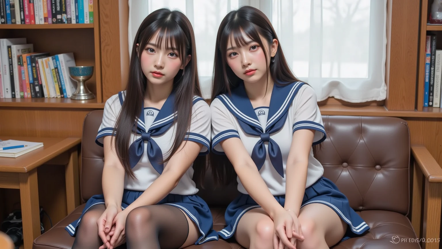 Two cute girls in sailor uniforms are tied behind their backs with ropes in a basement and made to sit on the floor.、They look at each other with anxious and frightened expressiony slender sister has straight black hair、My sister has brown hair and braids、Both of them had their hands tied behind their backs over their sailor uniforms and were forced to sit on the floor.、At the gymnasium warehouse、anatomically correct、perfectly drawn fingers、perfectly drawn limbasterpiece、