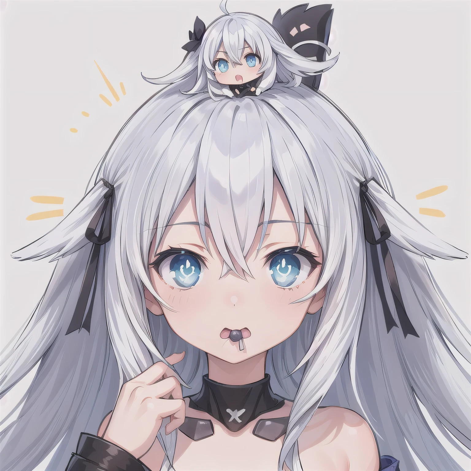 A Japanese anime-style chibi girl, 3-head-tall, super round body and head, deformed proportion, big sparkling eyes, small nose and mouth, cute and soft illustration, simplified color palette, masterpiece, her mouth is empty, nothing in her mouth, no objects around the mouth, not eating, not holding anything, natural facial expression. Long hair, silver hair, blue eyes.