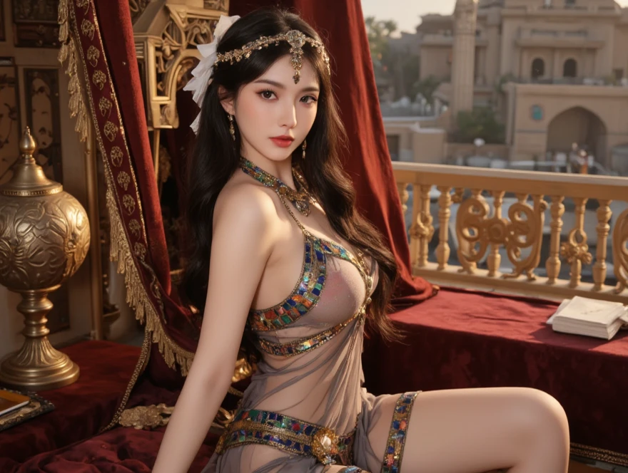 4K, UHD, masterpiece, solo girl, good face, detailed eyes, detailed lips, very long hair, straight hair, very long hair, beautiful hair, hair ornaments, hairband, sexy bun with ponytail hair, ((White-black-Blue-RED-silver-gold-yellow-green princess wedding lehnga), (photorealistic:1.5), (Realistic big breasts:1.35), (Slender six pack abs), (smile), ((NSFW:0)), ((busty Cleavage)), ((( enchanting body, red lipstick, stockings, Indian bridal chamber, bold dress, glaring beauty, d-cup, breast focus, closeup))), sardine, ornaments, necklace, earring, high lighting, depth of field, ray tracing, ultra-realistic detail