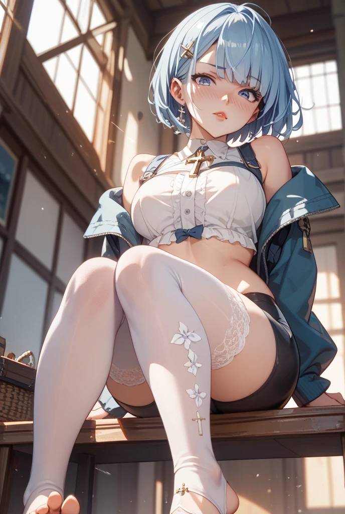 (Photorealistic:1.8, Highest quality:1.8,8K Masterpiece:1.8、Super detailed、Ultra-high resolution、Detailed Background)、((Flat Color))、((colorful))、Multicolored lighting、((Floating colorful water))、Blue background、
Bound Queen、Squat with your legs apart、Back?rAngle、Random Pause、(Chained、Golden Chain、Chained to the body、Chained first round、handcuffs)、Random Sexy Poses、Turn around、
(Medium Hair、Silver Hair、hair ornaments、choker)、(bondage、Mini Dress、choker、Knee-high stockings、garter belt、White biting panties)、Beautiful hip line、TWICE's Tzuyu' on pause、Beautiful blue eyes、(A rich expression、smile)