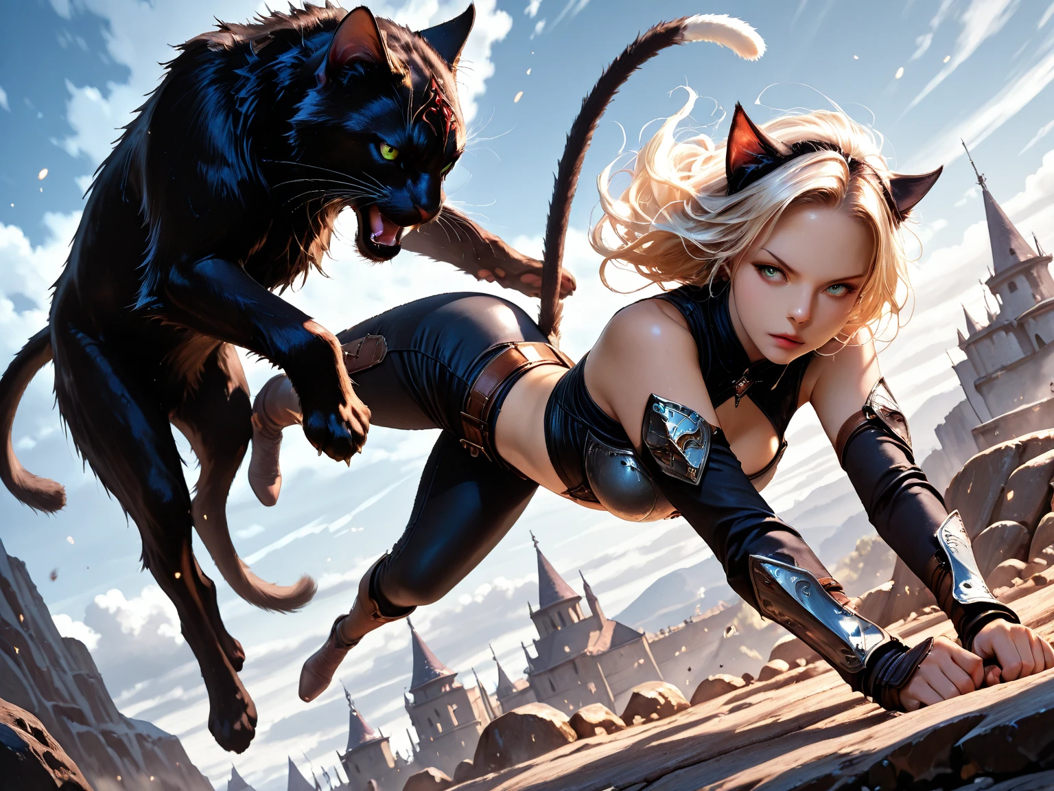 There is lost coliseum there stand female lionessin battle stance, she have ebony colour skin beautiful yellow cat eyes dark gold eyeshadows make up, ring style earrings, her hair is purple with pink highlights . she dressed in white neather topic with golden parts on countures also short and white leather straps on her cat legs instead of boots, her hands have hude ruby claws on her fingers, (ultra high quality fantasy art, anime fantasy style, masterpiece, ultra high quality character design, 8k quality anime art, realistic anime art, top quality wallpaper illustration, detailed ultra high quality accurate face, high quality design and accurate physic)