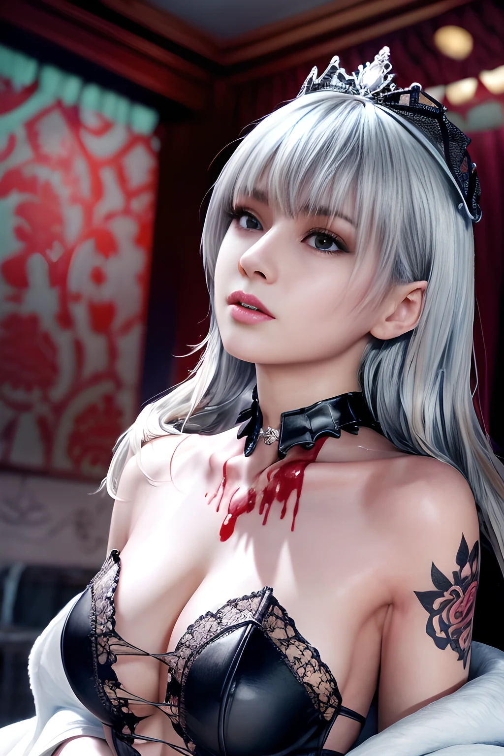 ash grey hair, updo hairstyle, streaks of hair in face, red eyes, mascara, bags under eyes, saggy tits, chocker, goth girlfriend, hyper realistic, raw photography, 8k, masterwork,
