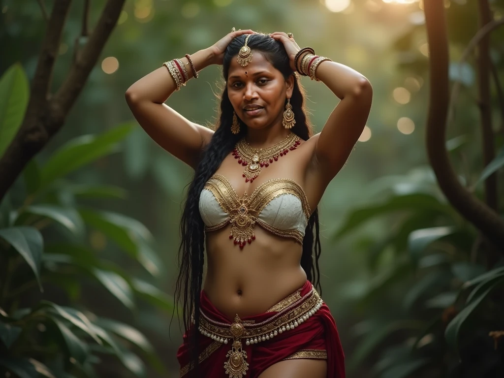 Prince Indraprastha is handsome and dashing. very detailed face, shoulder length hair, complicated gold ornamented headband, bare chested wearing a gold necklace, arms decorated with gold, a unique gold decorated belt and light brown batik cloth with a unique and complicated motif. Sitting cross-legged in the middle of the forest, eyes closed, hands namaste in front of chest, whole body emitting golden light and four beautiful women flying (floating) in the air, wearing traditional Javanese clothes each black, red, white and yellow, and posing dancing in the air. The background is a forest and there is a large lake, full moon, fog, mystical and haunted atmosphere.