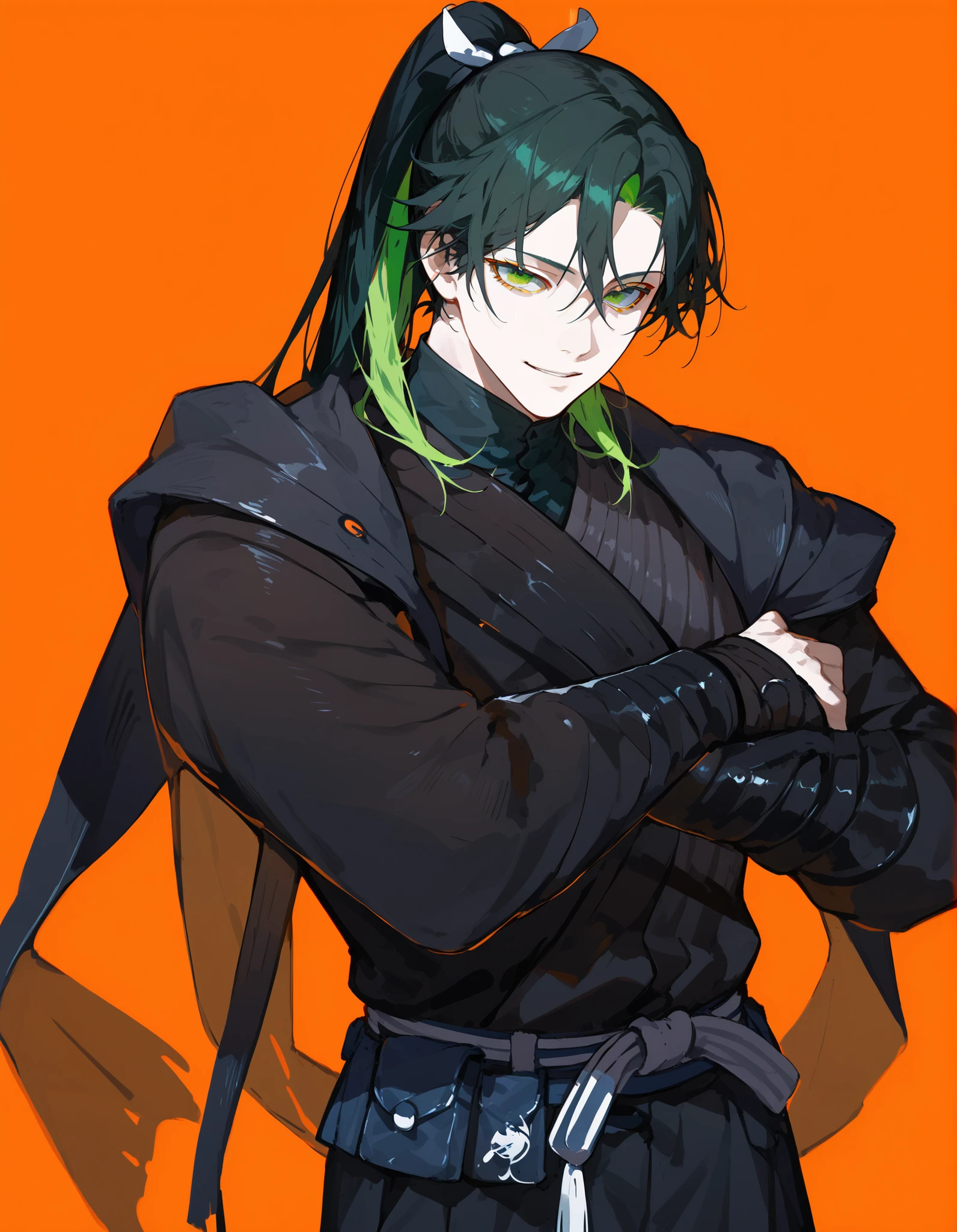 Male,Black Jacket,Straight Hair, Black hair,in green eyes,,smile,High ponytail,slim,HAKAMA PANTS,orange background,,Assassin's suit,,Fierce face,,black shirt,Green Hair,Two tone hair,Pointy hair, White mask,with mask,