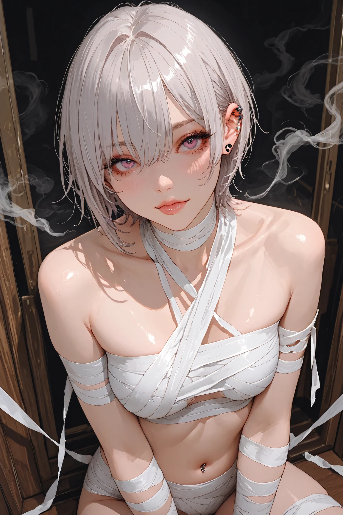 {erotic face,anguish,(patience:1.1),(very ecstasy:1.2),(writhing:1.4),embarrassing,half open eye},{(blue glowing eyes:1.4),(sensual look:1.4)},BREAK,{(obscene pose:1.2),(arched back:1.2),(arch one's head:1.4)},BREAK,{(realistic photo graphic style:1.2),(watercolor image:1.4),(sketch drawing),overall light color},{(simple configuration:1.1),(look away:1.2)},{(Part of the stucco wall is red_brick),(speckled_ivy crawl on the wall:1.4)},BREAK,{(butterfly pattern on pearl_colored yukata:1.4),(disheveled yukata:1.4)},BREAK,{(clavicle:1.2),(cleavage between breasts:1),(shoulder:1.2),(attractive thigh:1.4),(armpits:1),(sweat on the neck:1.2),Fascinating nape},BREAK,{(solo, YoRHa type of Nier Automa):1.2, (white_silver colored hair:1.4), short cut hair, (blue glowing eyes:1.4),(black bandana in hair:1.5)},BREAK,{(masterpiece,best quality, 8K UHD, extremely detailed CG, detailed beautiful face and eyes and skin and hair)}