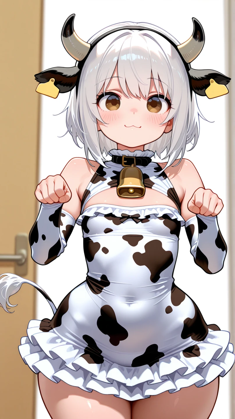 (hews art style:0.7), score_9, score_8_up, score_7_up, score_6_up, uncensored, yor briar, black hair, white hairband, red eyes, BREAK (masterpiece:1.2), best quality, high resolution, (beautiful detailed eyes:1.3), perfect lighting, (perfect hands, perfect anatomy), hearts, pleasured, animal_print, cow_print, breasts, 1girl, gloves, horns, elbow_gloves, solo, long_hair, animal_ears, thighhighs, huge_breasts, bell, rating:questionable, cow_ears, collar, cleavage, blush, swimsuit, bottle, looking_at_viewer, bikini, bell_collar, cow_bell, fake_horns, navel, cow_horns, curvy, detached_sleeves, cow_girl, mature, rating:safe, smile