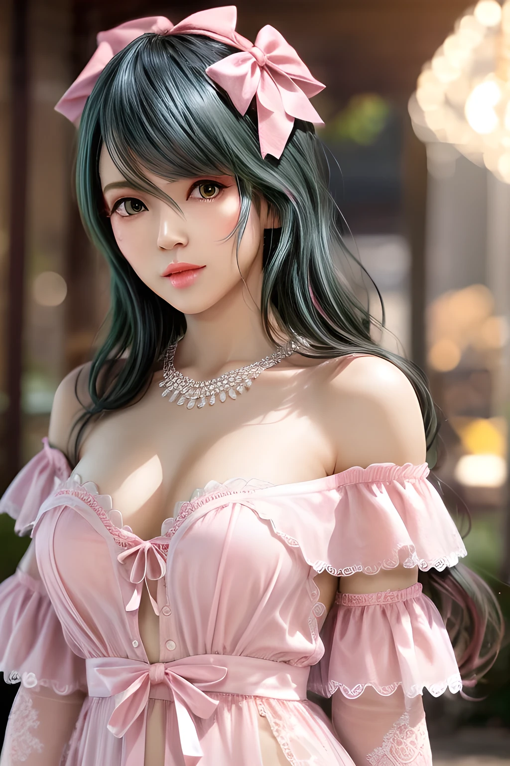 RAW, (masterpiece, best quality, photorealistic, absurdres, 8k:1.2), nsfw, best lighting, complex pupils, detailed background, evening, theater,
1girl, solo, upper body, (close up, face focus:1.2), looking away, cowboy shot, standing, sorry, shiny skin, eyeliner, gothic eyeshadow, blush, flower, medium hair, curly hair, green hair, highly detailed skin,
sheer blouse, hair flower, chocker, see-through, (magazine cover, FashionMagCover, english text, username, watermark, user name, artist name, signature:1.1),